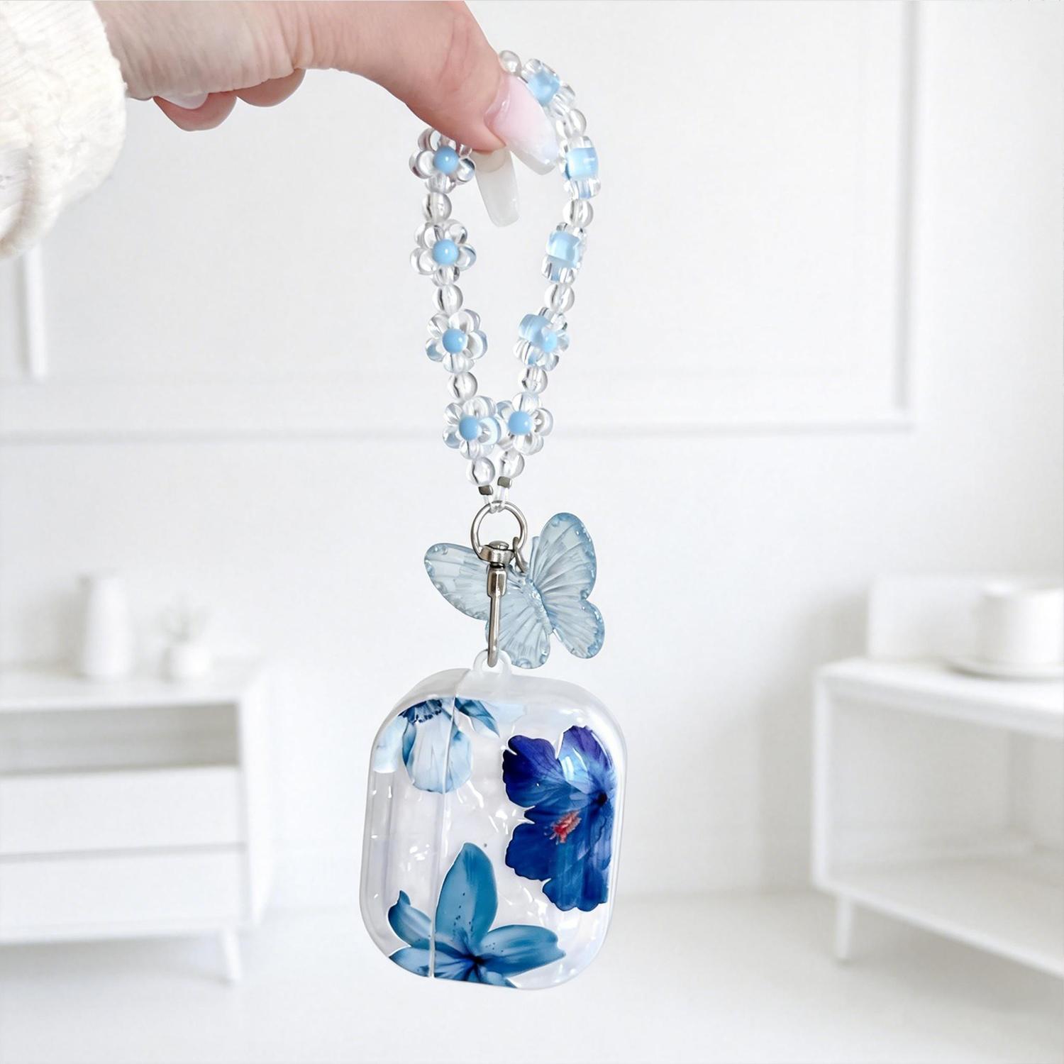 Butterfly Pearl Pendant Case for Airpods Pro 3/2/1 Airpods 4/3/2/1, Kawaii Dreamy Blue Butterfly Shell Design Shockproof Earphone Protective Cover for Girls Women