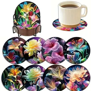 8-Piece Floral Pattern Diamond Painting Wooden Coasters Set, DIY Creative Diamond Art Cup Mats, Holiday Gift Idea, Flower Bouquet Coaster