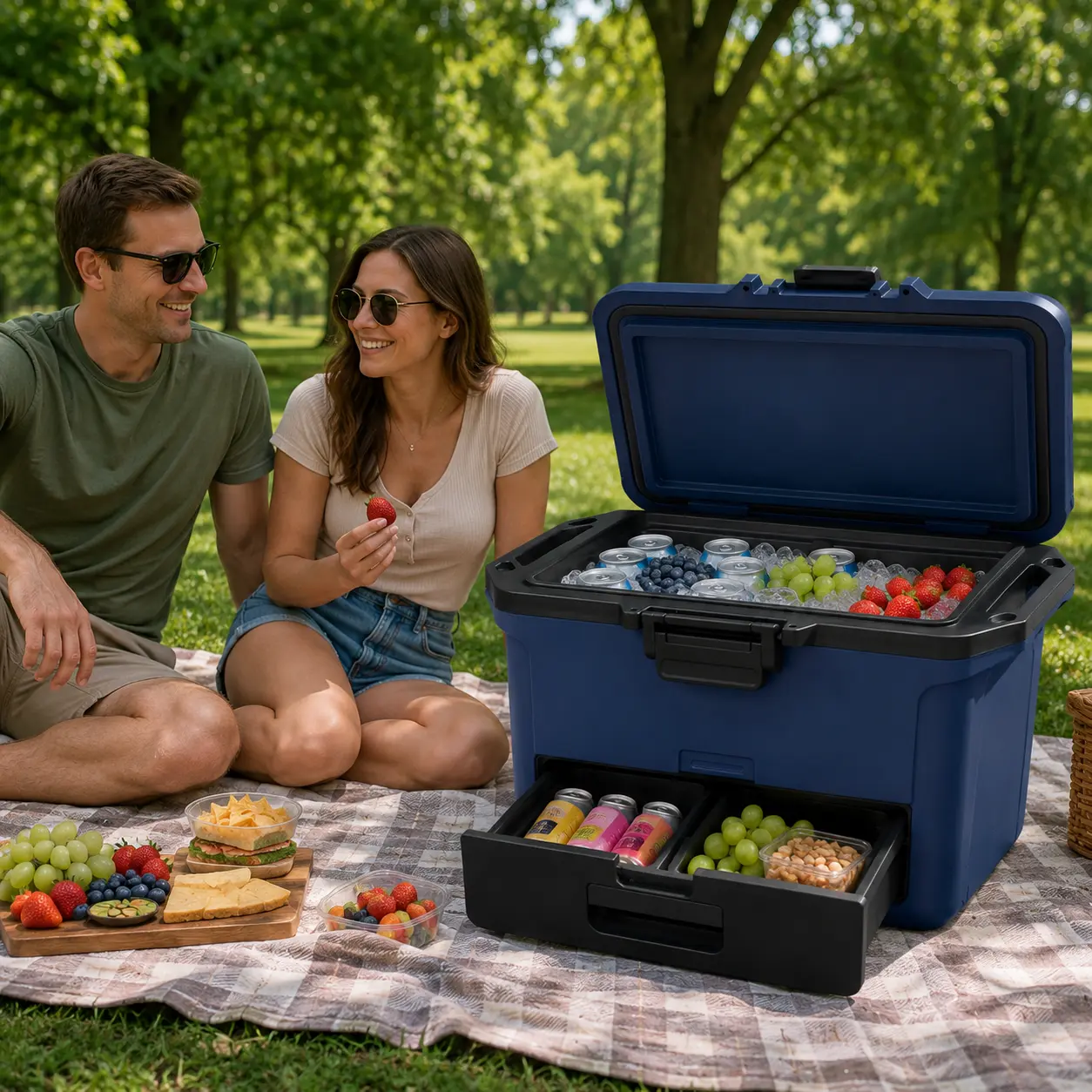 Heavy Duty Cooler Box, 50qt Cooler, Integrated Fridge-Temp Dry Storage Drawer, Keeps Ice for Days, Lakeshore Blue