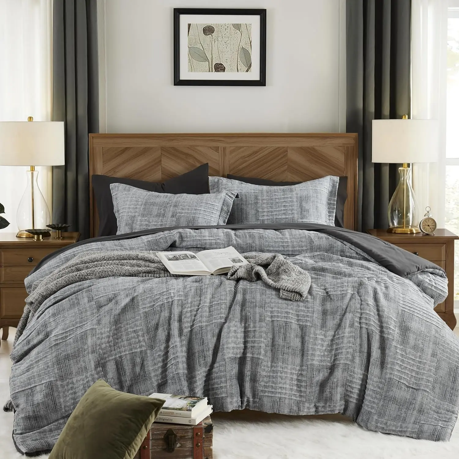 Charcoal Grey  Comforter Set, Textured Design Grey Crinkle Bed in A Bag  Size,  Comforter Set with 7 count with Comforter, Sheets, Pillowcases & Shams 90"x 90"
