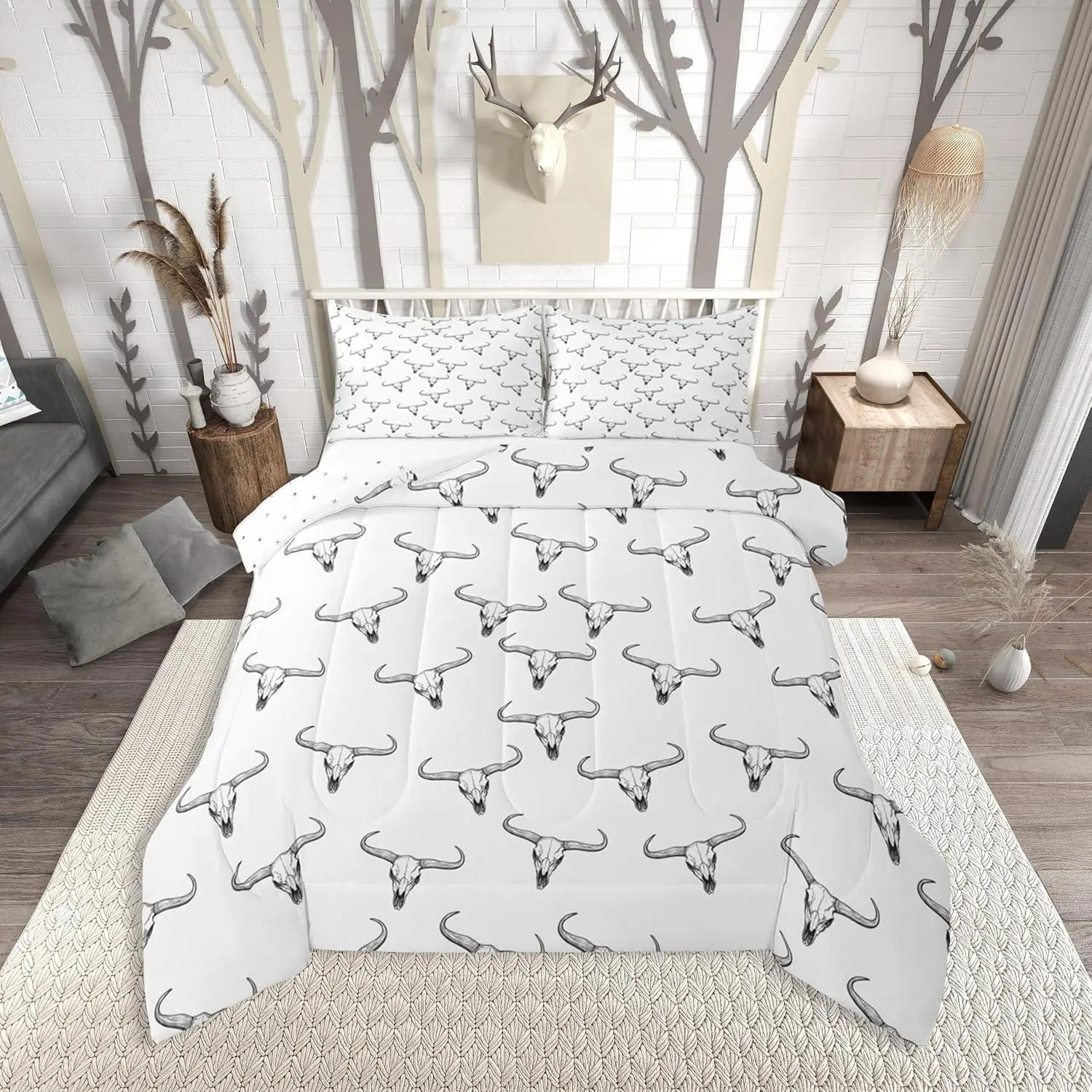 Bull Skull Comforter Set,Ethnic Bohemian Bedding for Men Boys | Tribal Steer Skull Wildlife Aztec Bedroom Decor Farmhouse Cabin Lodge Duvet Insert with,Black White