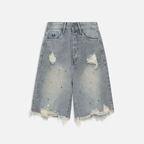 Aelfric Eden Women's Y2K Stud Rhinestone Baggy Cotton Denim Jorts - Casual Relaxed Shorts, Streetwear Clothing, Bottom Pocket, Distressed, Glue-Free Shine, Leg-Room Design, Hand/Machine Washable, Summer 2025 Womenswear (Party, Shopping)