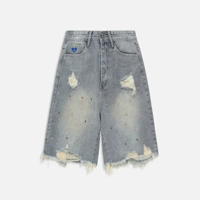 Aelfric Eden Women's Y2K Stud Rhinestone Baggy Cotton Denim Jorts - Casual Relaxed Shorts, Streetwear Clothing, Bottom Pocket, Distressed, Glue-Free Shine, Leg-Room Design, Hand/Machine Washable, Summer 2025 Womenswear (Party, Shopping),sohochic