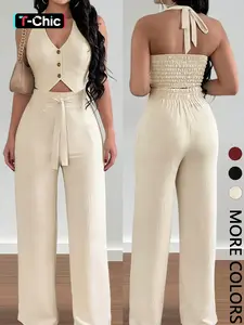 Women's Smocked Back Halter Neck Crop Top & Tie-Waist Wide-Leg Pants Set, Comfortable Woven Material, Womenswear, 2pcs