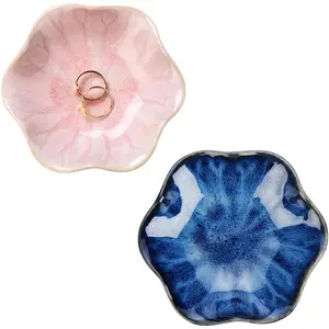 2PCS Lotus Leaf Shape Ring Holder Dish, Small Key Bowl, Ceramic Trinket Tray Jewelry Dish Organizing Necklace Earrings  Mom Friend Sister, All Jewelries Are NOT Included. Blue+Pink.