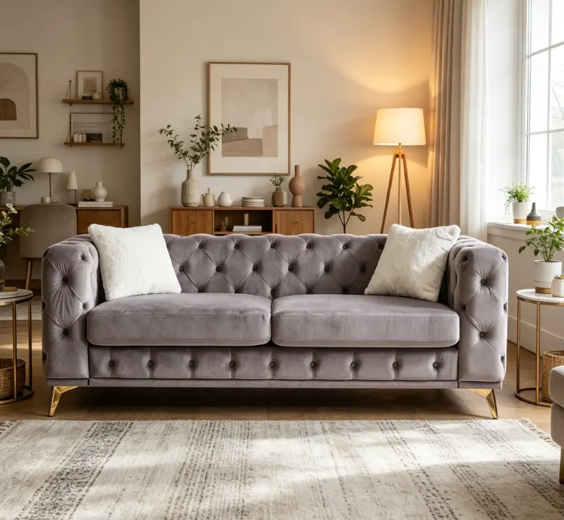 82.5-in Glam Traditional Chesterfield-Style Plush Velvet Sofa, Indoor Living Room & Bedrooms Furniture for Couples, Fixed Arms, Quilted Stitch Tufted Detailing, Cushioned Seating, 2 Throw Pillows, Metal Legs, Color-Blocked Design, Diamond-Patterned