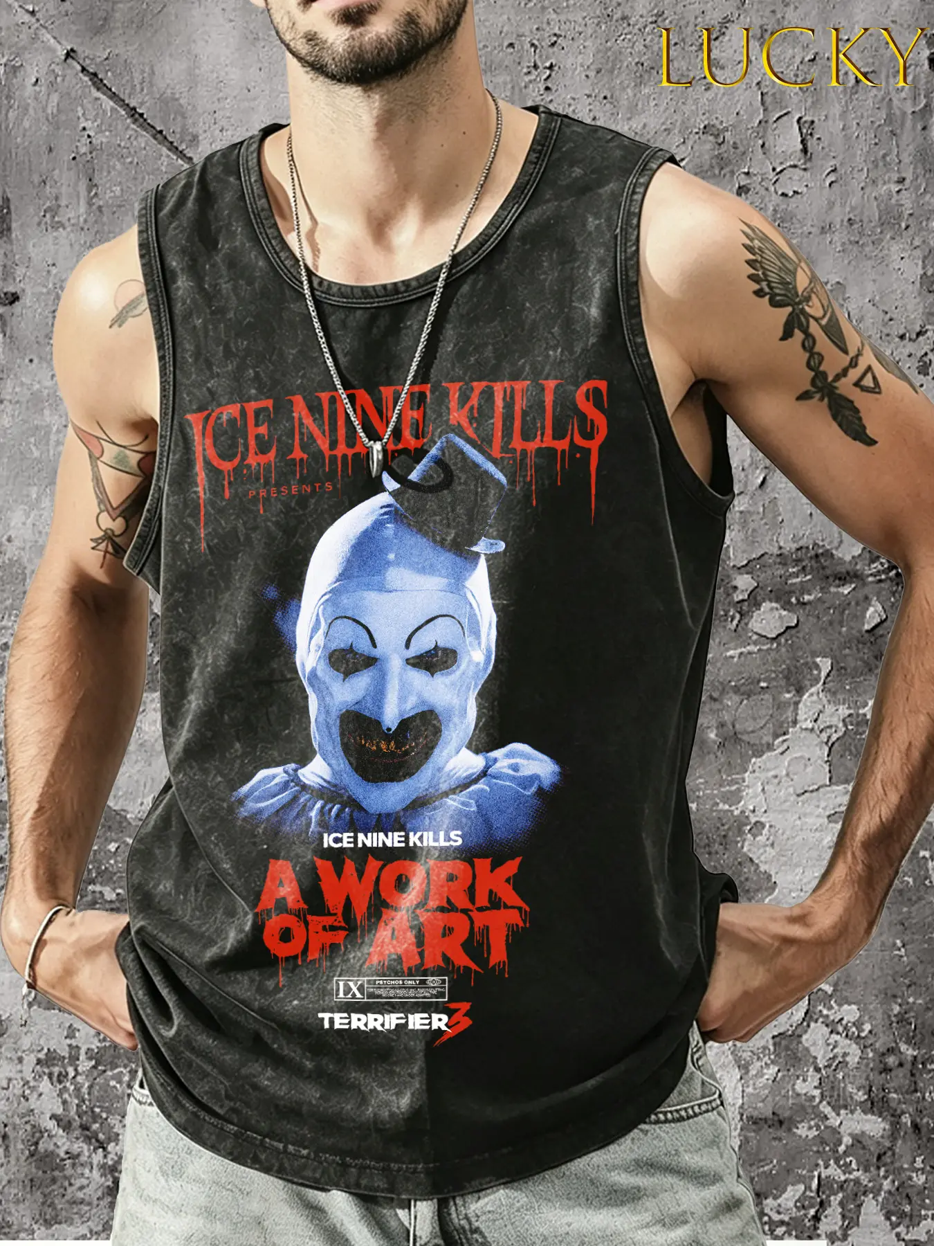 Art the Clown iconic image pattern vest, a joint theme of horror culture heavy metal bands, is a classic villain outfit for the horror movie "Terrifier". It is a must-have outfit for "Blooddrop" horror and dark atmosphere