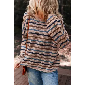 Multicolour Striped Knitted Drop Shoulder Round Neck Sweater