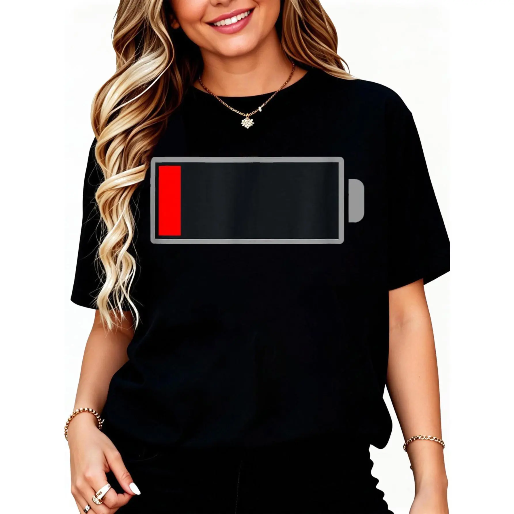 Cotton Low Battery Black T-Shirt Women Men