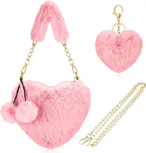 Valentines Furry Heart Shaped Purse Fluffy Faux   Bag Crossbody Handbag for Women Girl