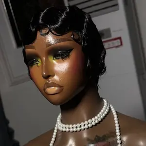 ShowRealHair Finger Wave Wigs Short Wavy Finger Wave Pixie Cut Wigs 13x4x1 T Part Lace Wavy Wig Brazilian Human Hair Wigs Finger Ocean Wave Wig 180% Density