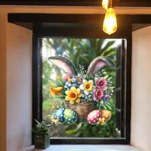 A (30*30cm) Easter floral rabbit ear basket Flower Easter egg Window sticker, a single-layer static cling window decoration (D10031-KQ)