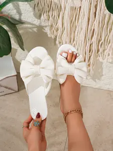 Butterfly Knot Sweet Style Sandals, Open-Toe Flat Design, Minimalist PVC Upper, PU Leather Sole, Perfect for Dates and Vacations