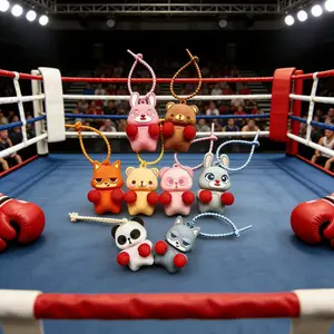 Boxing Bear & Bunny Squishy Keychains, soft stress relief squish balls for adults and kids, prank party favors, fun spoof squeeze toy set, slow rebound birthday gift box, fingertip decompression toys, anxiety relief, summer vibe atmosphere.