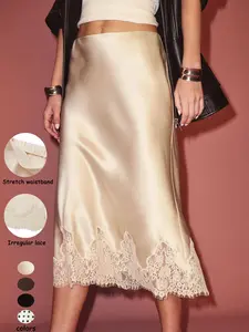 Women's Summer Spring Satin Lace Patchwork High-Waisted Skirt, Long Fitted A-Line Fashion Dress, Ideal for Daily Travel Wear, Lace Trim Skirt