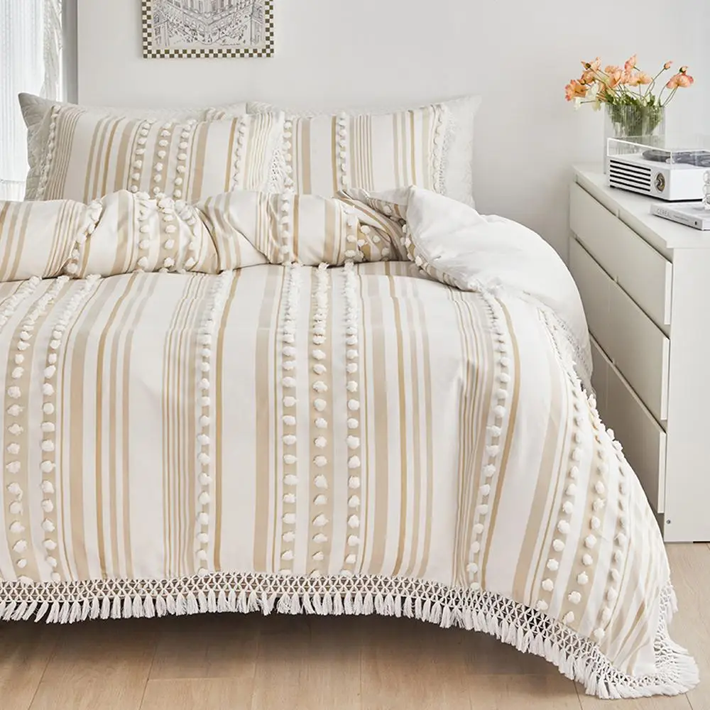 Boho Pom-pom Tassel Decorative Bedding Set, 3 Counts/set Including 1 Duvet Cover & 2 Pillowcase without Filler, Bohemian Bedding Sets, Summer Essentia