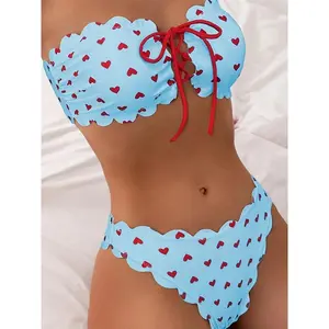 Heart-ShapedPattern2-PieceBikini,TopofPipeScallopTrimTieFrontHighCutSwimsuit,Valentine'sDayWomen'sSwimsuitandClothing