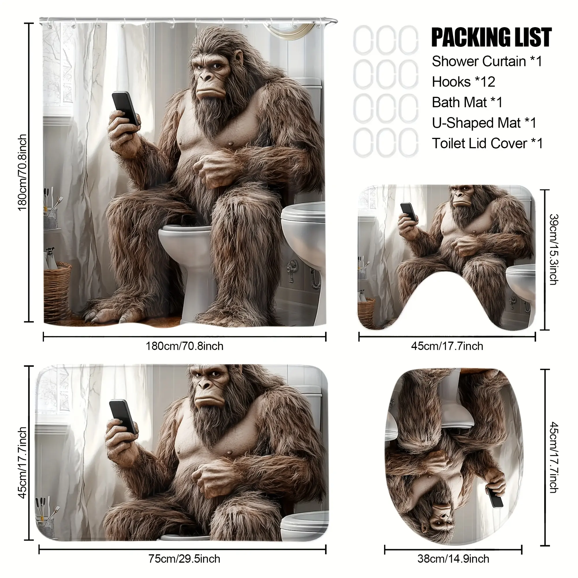 Retro Flannel Fabric Shower Curtain Set - 4-Piece Sasquatch-Themed, Waterproof, 12 Hooks, Non-Slip U-Type Toilet Cover, Toilet Lid Cover, Room Accessories for Modern Bathroom Decor, Housewarming Gifts