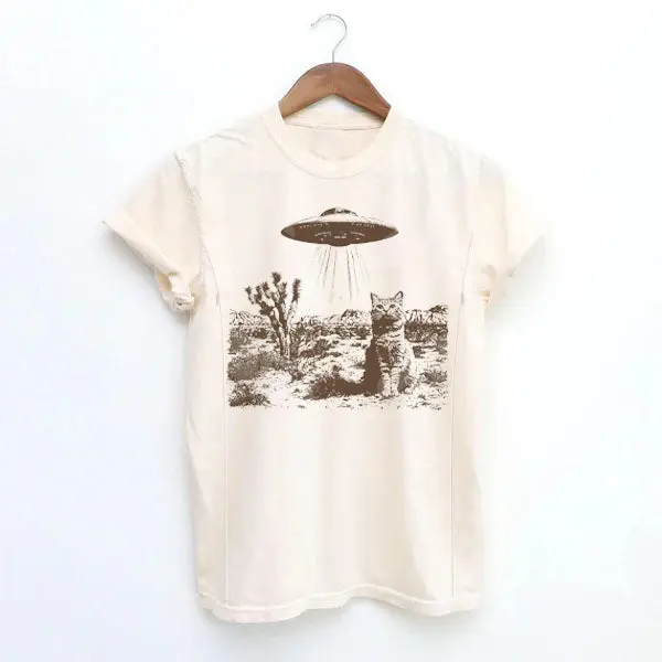GIFTIFYMAMA Women's Nursing T-Shirt, Soft 100% Cotton Maternity Top with Vintage UFO Cowboy Cat DTF Print and Invisible Zipper for Discreet Breastfeeding, Dtf Transfer Sheets Women's T-Shirts, Shortsleeve, Stretchy, All Over Printed, Casual, Clothes, Tank