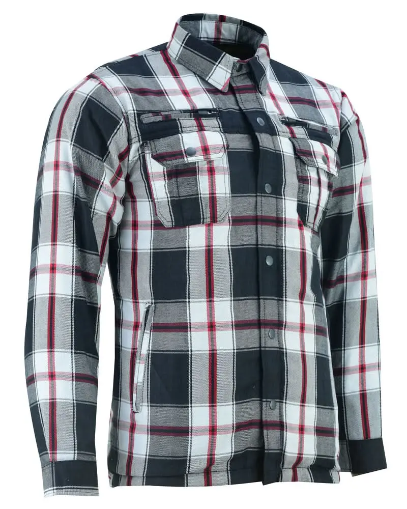 Men's Armored Motorcycle Flannel Shirt, Red and Black Checked Cotton Riding Garment with Kevlar Lining and Concealed Pockets, Zipper, Menswear, Plaid, Long Sleeve, Top, Cotton Flannel, Waterproof Zips, Riding Wear, 1 Regular Inside Pocket, 2 Inside Concea