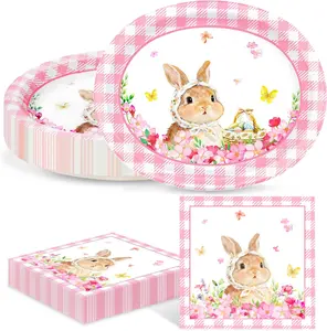 40Pcs Easter Paper Plates and Napkins Set – Oval Bunny Disposable Plates & Napkins Serves 20, Heavy-Duty Party Tableware for Easter Brunch, Spring Picnic, Baby Shower