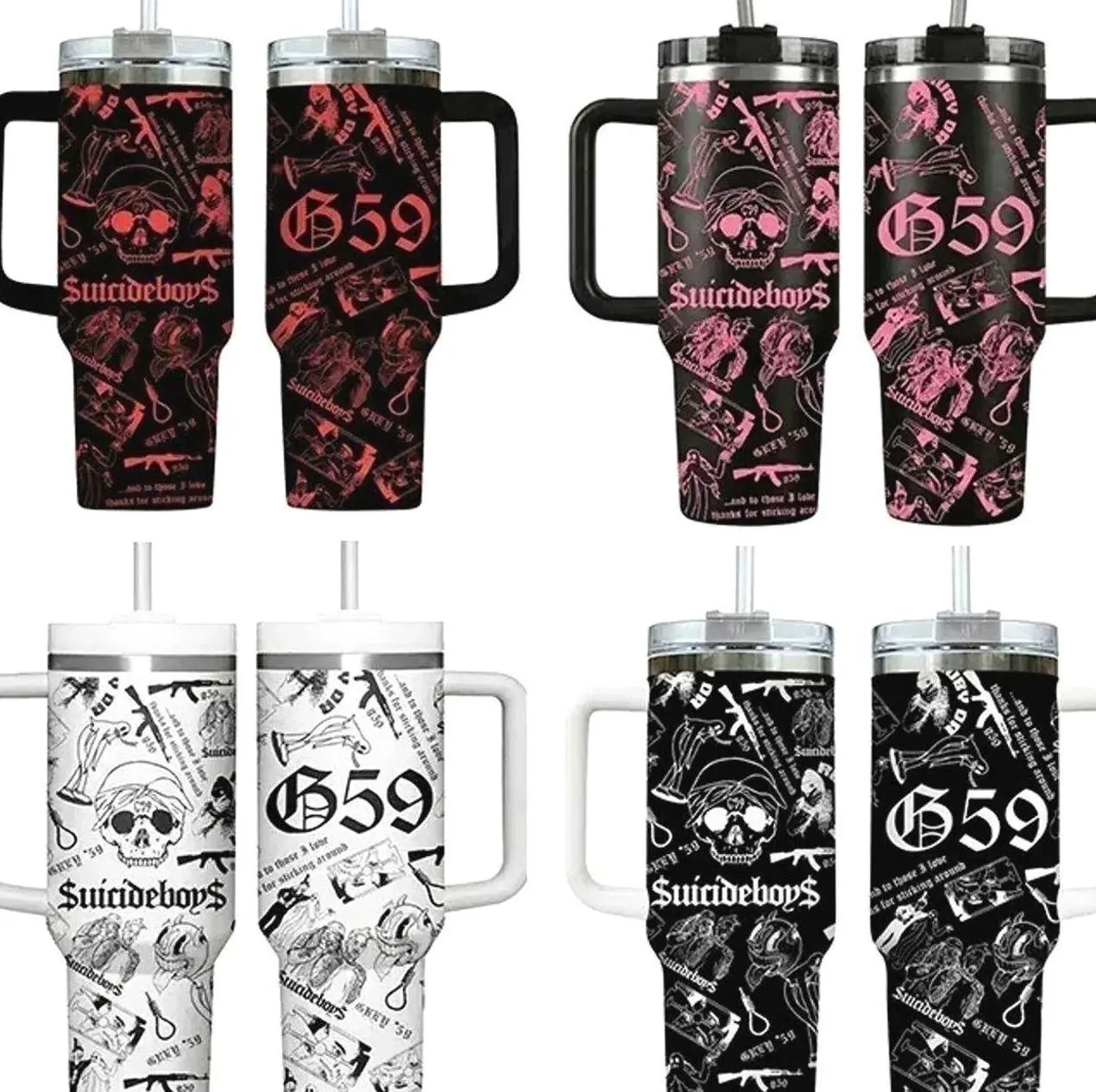 Collection SuicideboyS G59 Skull Aesthetic 40oz Tumbler With Handle, Underground Rap Merch Cup, Dark Trap Goth Style Travel Mug, Flasks Gift For Grey Five Nine Fan ,Muticolor Collage Design Stainless Steel Insulated Tumbler For Music Fans