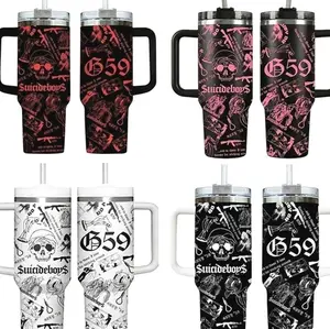 Collection SuicideboyS G59 Skull Aesthetic 40oz Tumbler With Handle, Underground Rap Merch Cup, Dark Trap Goth Style Travel Mug, Flasks Gift For Grey Five Nine Fan ,Muticolor Collage Design Stainless Steel Insulated Tumbler For Music Fans