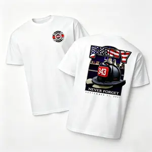Never Forget 343 Firefighter Helmet Graphic T-Shirt, 9/11 Tribute Tee, Soft Cotton Blend Shirt, American Flag Memorial Shirt for Firefighters