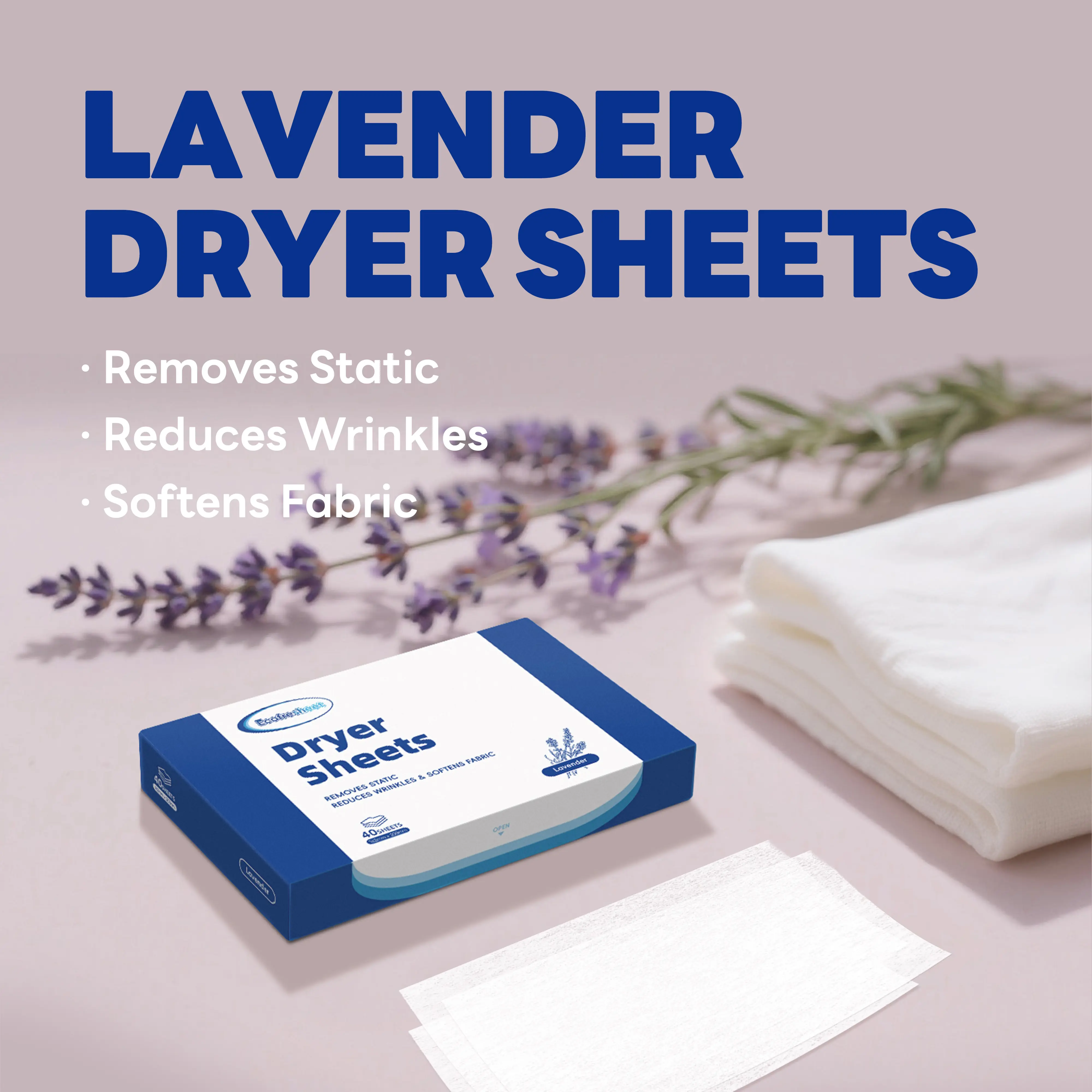 Dryer Sheets Lavender Scent, 40 Count 4-in-1 Fabric Softener Sheets, Reduces Static & Wrinkles, Long Lasting Freshness Laundry Essentials Household Pack