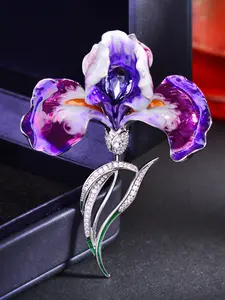 Luxury Floral Brooch Pin, Handmade Wedding Guest Gift, Gradient Enamel, Diamond Iris Flower, Women's Elegant V-Neck Dress Accessory