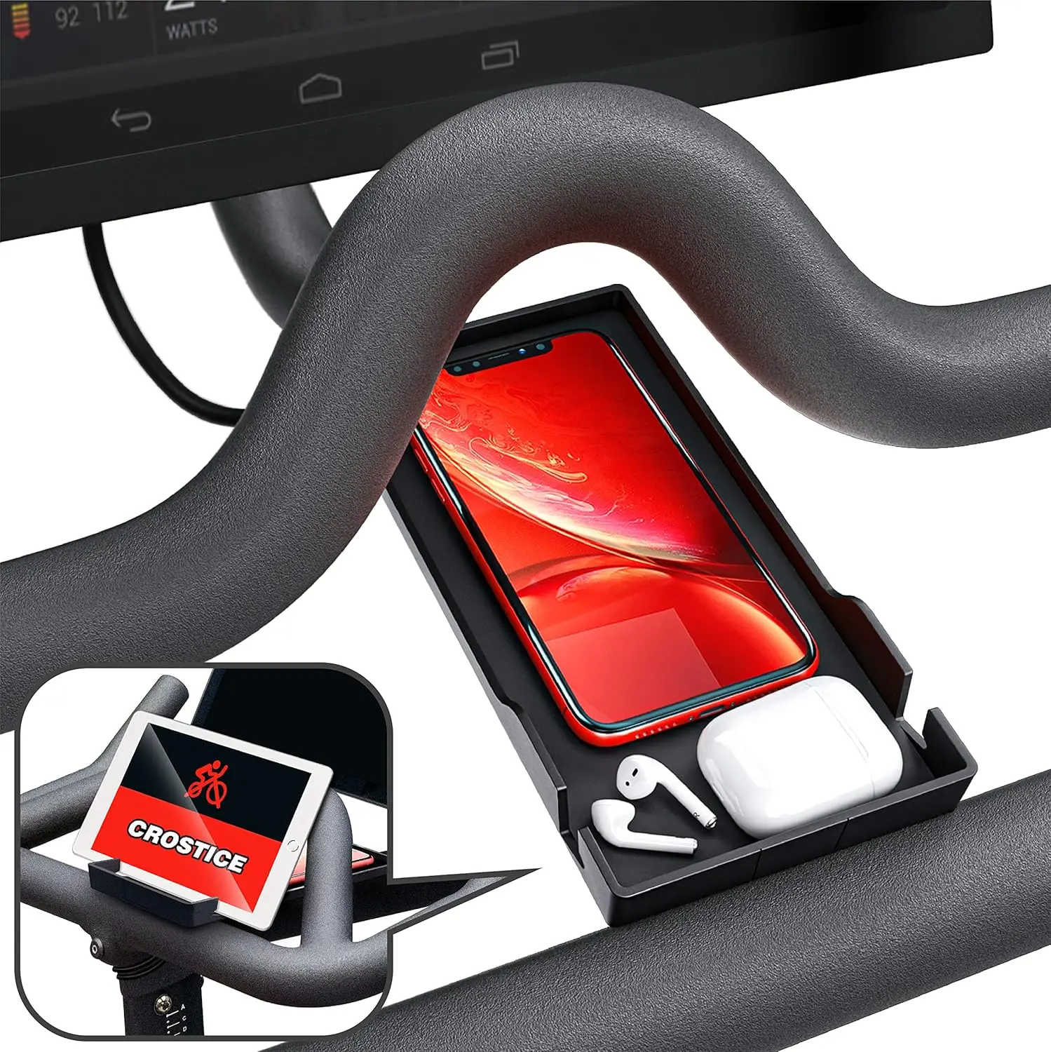 Peloton Bike & Bike Plus Compatible Smartphone Holder, Original Design Cellphone Tray Accessory with FLC Holder Slot, Handlebar Mount, Screen-Safe Tilt, Spare Bands, Universal for iPhone & Most Devices, Accessories