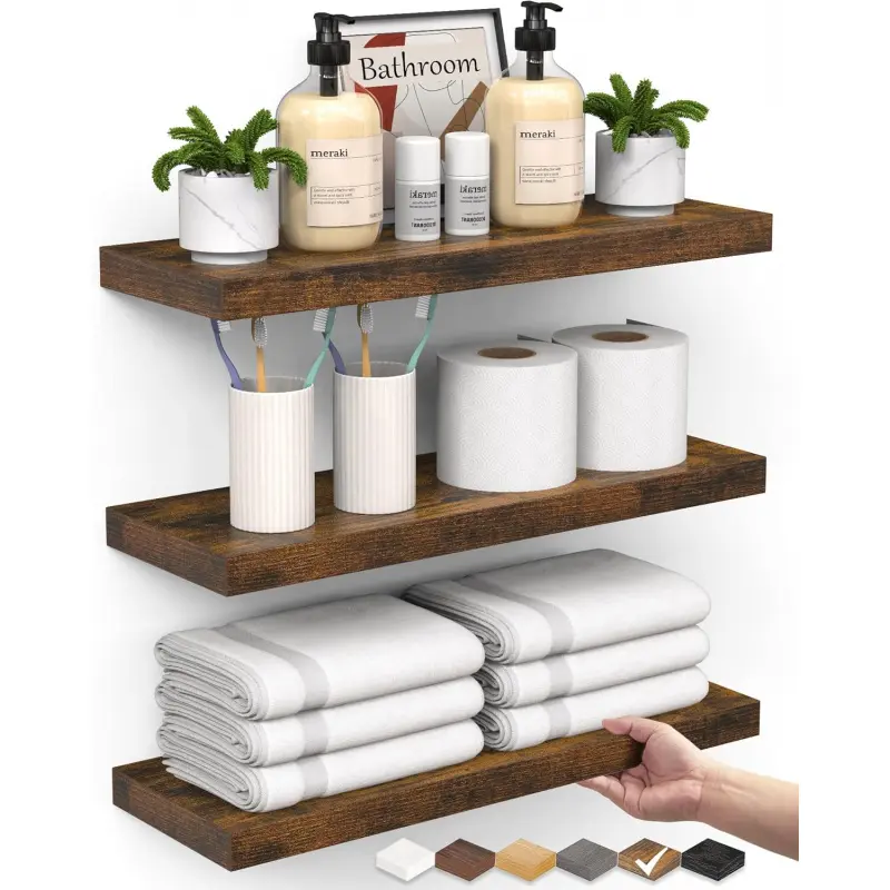 Floating Shelves Bathroom for Wall – Shelf Over Toilet Farmhouse Rustic Wood for Bedroom, Kitchen, or Living Room Decor Organization, Christmas Decor Shelves – Rustic Brown, Set of 3