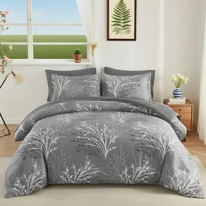 Gray Comforter Set  Size Branch Botanical Bed in a Bag 7 count Grey Floral Comforter - Soft Microfiber Branches  Bedding Set for  Season (90''x90'')
