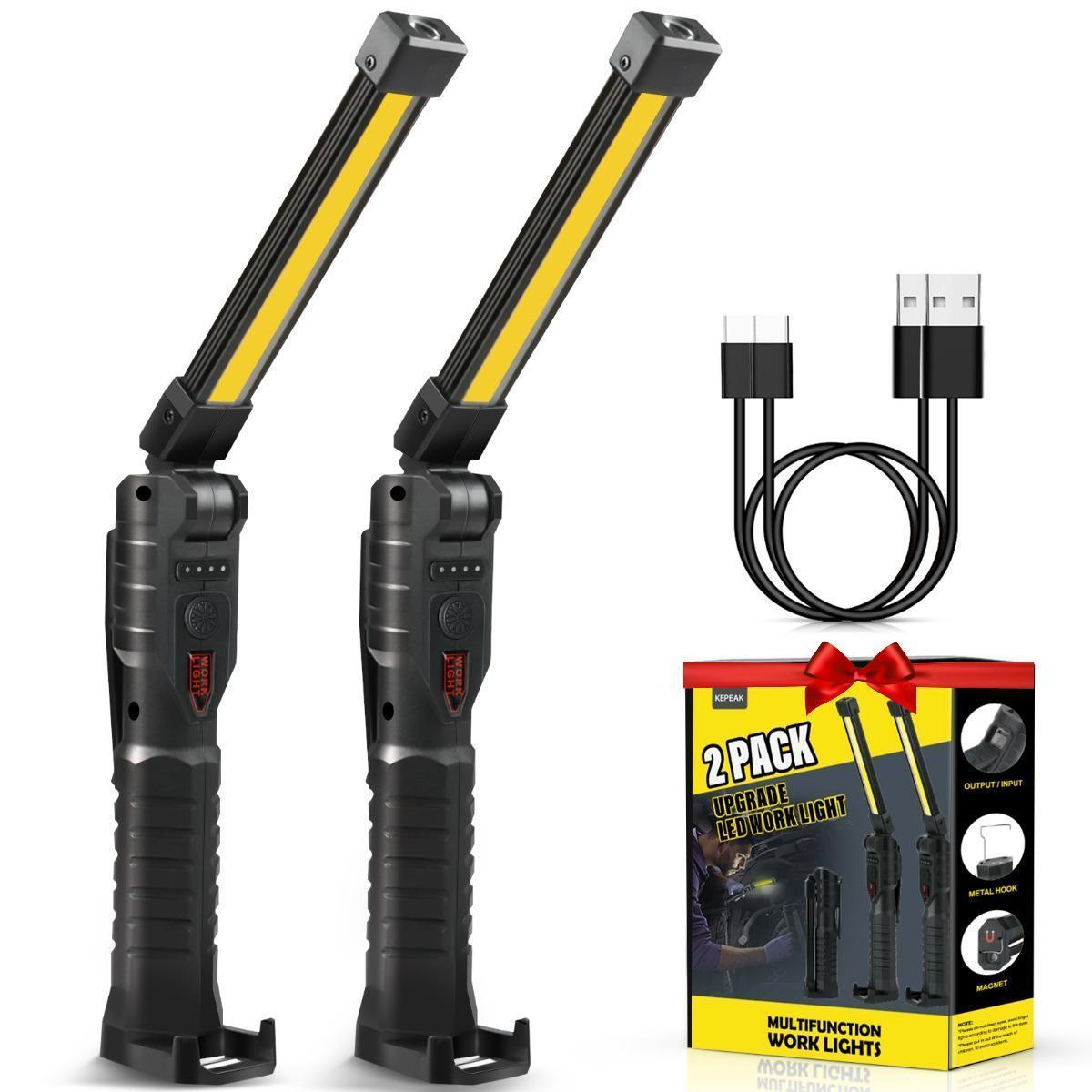 Rechargeable Work Light, LED Work Light with Magnetic Base and Hook, 5 Modes Magnetic Rechargeable Flashlight for Mechanic Car Repair Home, Garage, Emergency, Camping (2-Pack, Black)