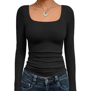 Womens Square Neck Long Sleeve Shirts Double Lined Slim Fit Tops Y2K Going Out Basic Tees