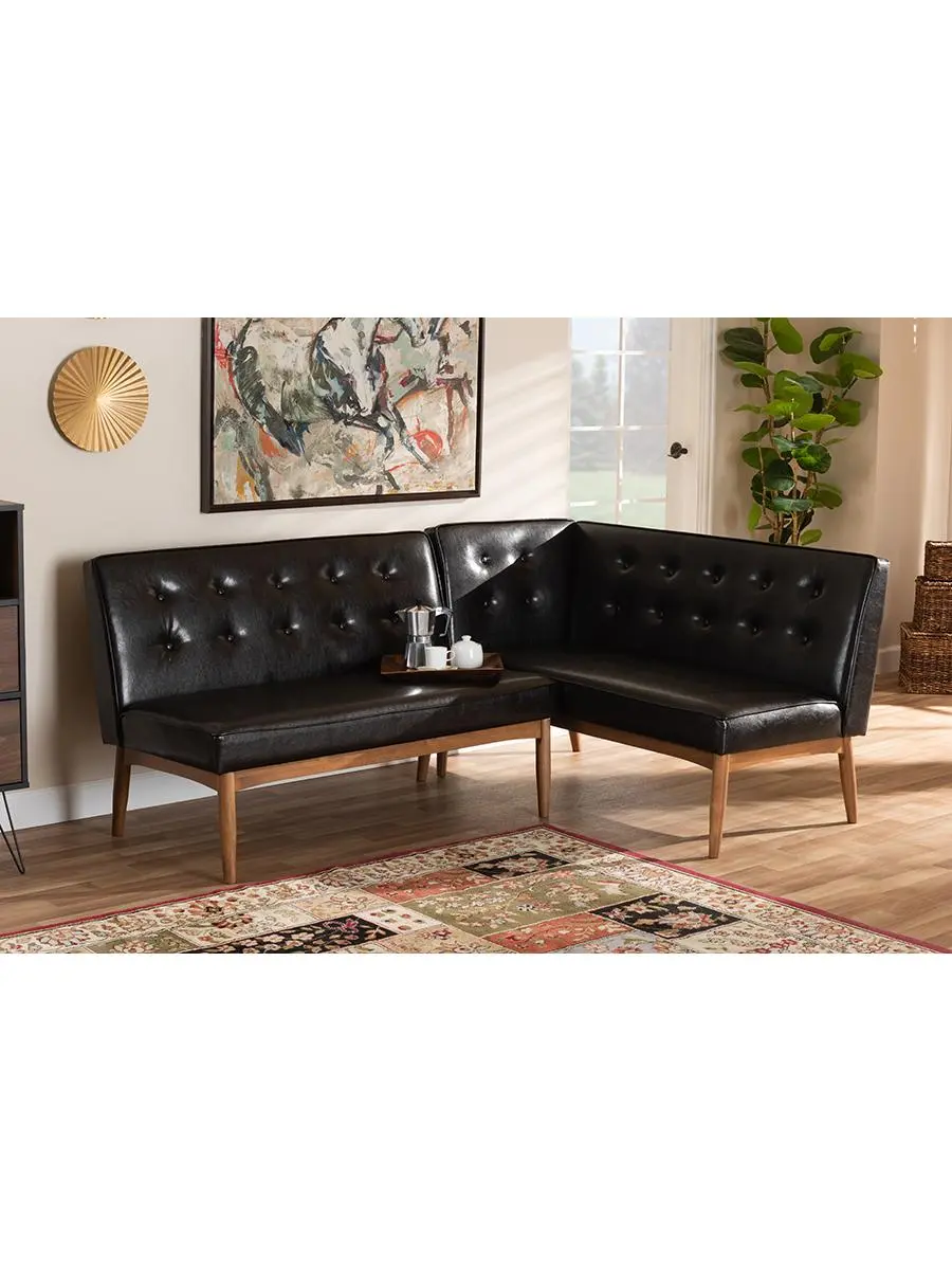 Baxton Studio BBT8051-Dark Brown-Walnut-2PC SF Bench Arvid Mid-Century Modern Faux Leather Upholstered Wood Dining Corner Sofa Bench, Dark Brown - 2 Piece