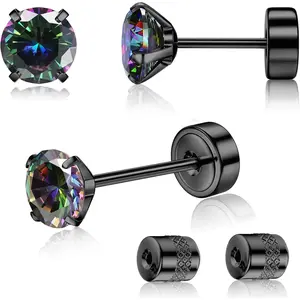 MILACOLATO G23 Titanium Threadless Flat Back Earrings-Hypoallergenic 6A Cubic Zirconia Earrings Studs for Men-Trendy 20G Flatback Push Pin Cartilage Earring for Helix Tragus Piercing