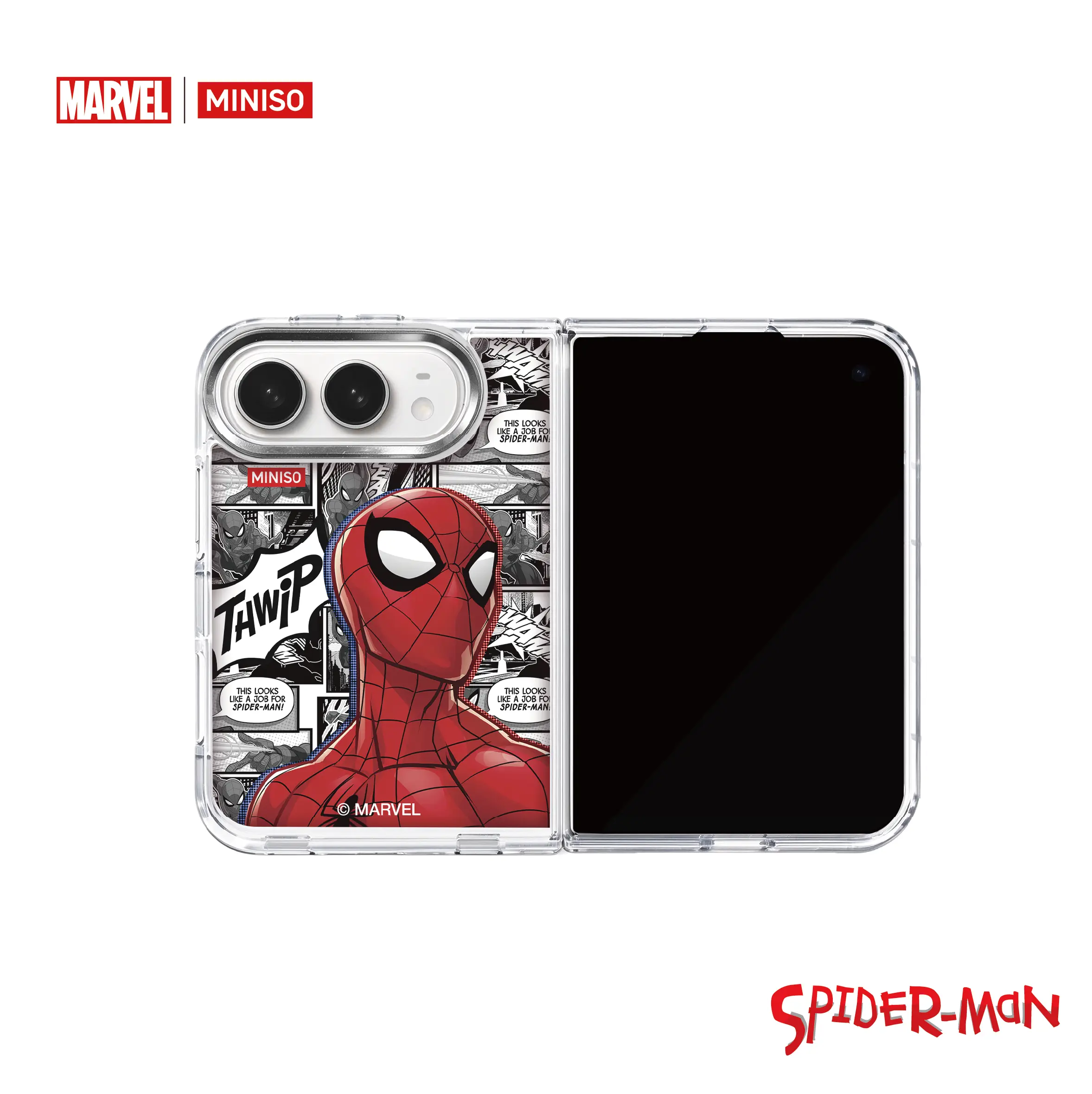 MINISO x MARVEL Officially Licensed TPU-PC Spider-Man Comic Collage Phone Case for iPhone 18 Duo, Shockproof Vintage Comic Print Slim Back Cover, Superhero Gift