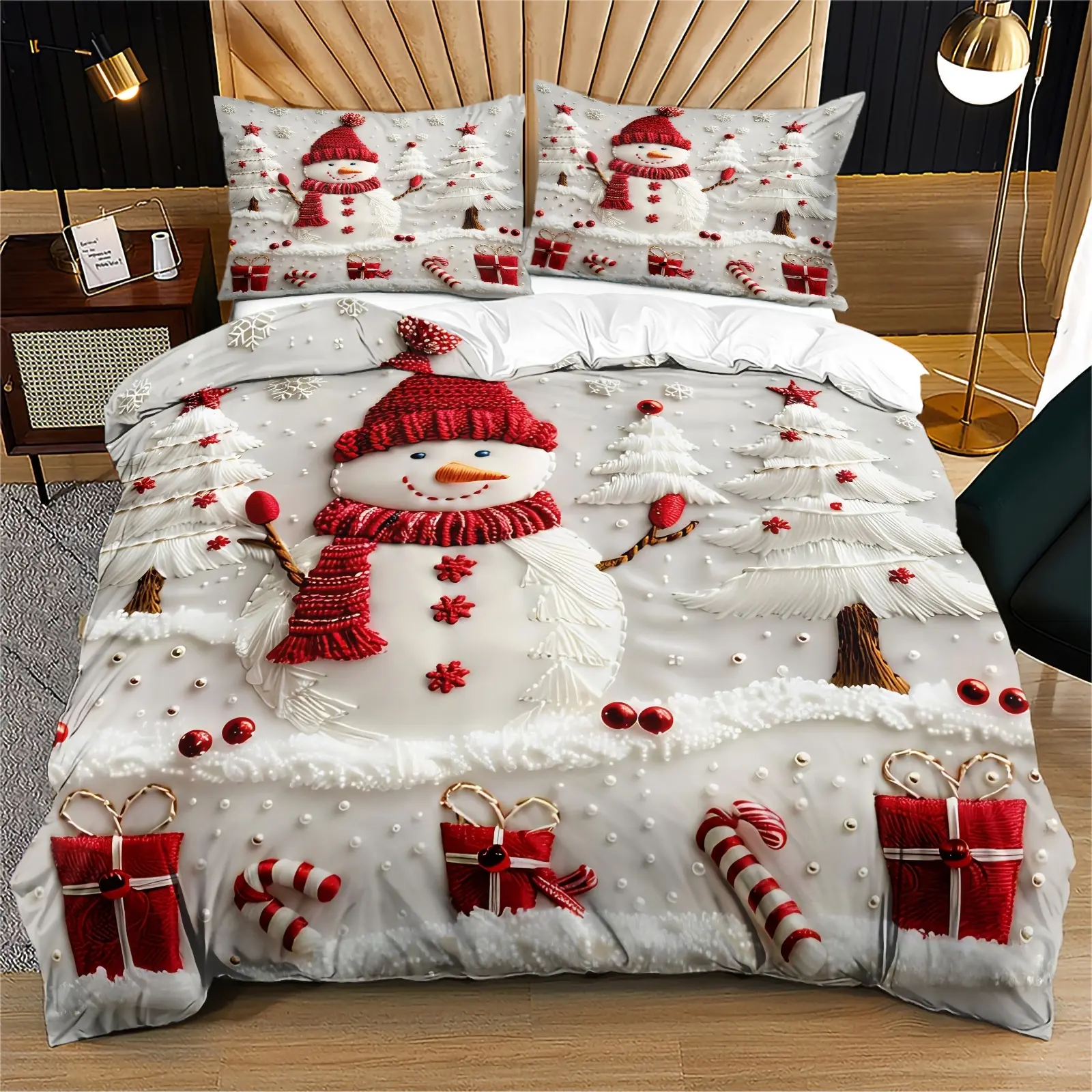 Cozy Christmas 2D Snowman Tree Print Duvet Set, Includes One Fitted Sheet and Pillowcase, Soft Comfort Bedding for Bedroom Decor, Decorative Bedding Set, Printed Bedding Set