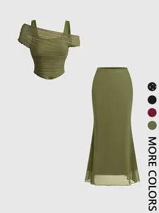 2 Piece Spring Summer Mesh Womenswear Outfit Set Women | Off Shoulder Ruched Crop Top + High Waist Mermaid Midi Skirt | French Chic Old Money Style for Date Night Vacation Wedding Guest Wear