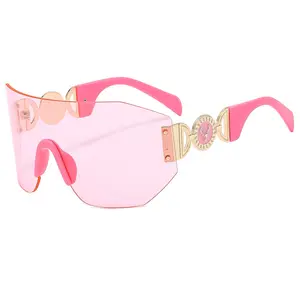 Oversized Shield Rimless Mask Sunglasses Women Square Sun Glasses for Ladies 2025 Luxury Brand Big Frame Frameless Eyewear UV400 Pink Frame Unisex
