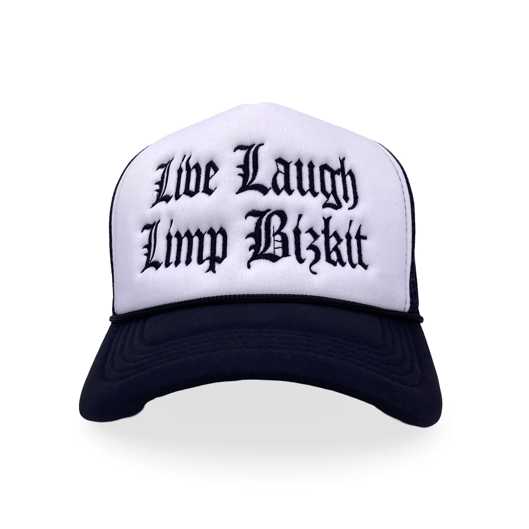 Custom Embroidered "Live Laugh Limp Bizkit" Trucker Hat, White Cotton Mesh Casual Clothes Accessory Hat, Trucker Hats