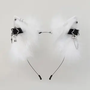 Plush Cat Ear Headband with Metal Punk Style Fur Party Accessory for Festive Events Plush Cat Ear Design Metal Punk Style Fur Party Accessory