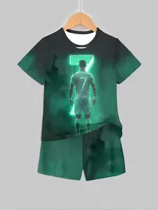 C Ronaldo 7 Number Neon All Over Print Kid Set, Summer Boy Star Theme T-Shirt Shorts Two-Piece Set, Casual Youth Clothing, Comfort Fit, Loose Fit