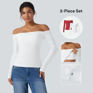 Halara 2-Piece Ribbed Knit Off Shoulder Long Sleeve 2-in-1 Casual Top Set