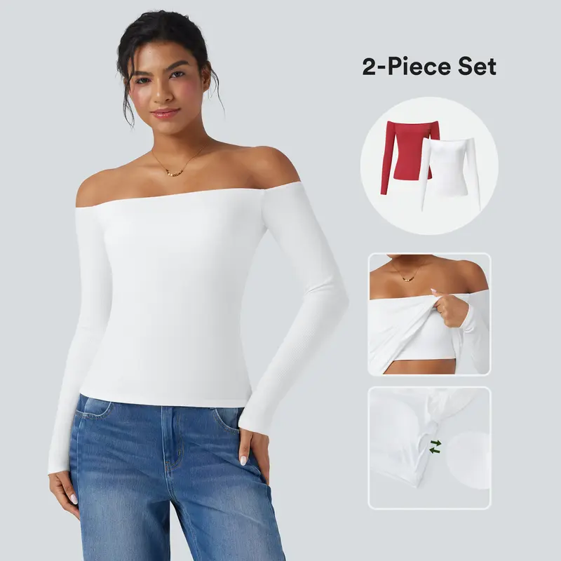 Halara 2-Piece Ribbed Knit Off Shoulder Long Sleeve 2-in-1 Casual Top Set