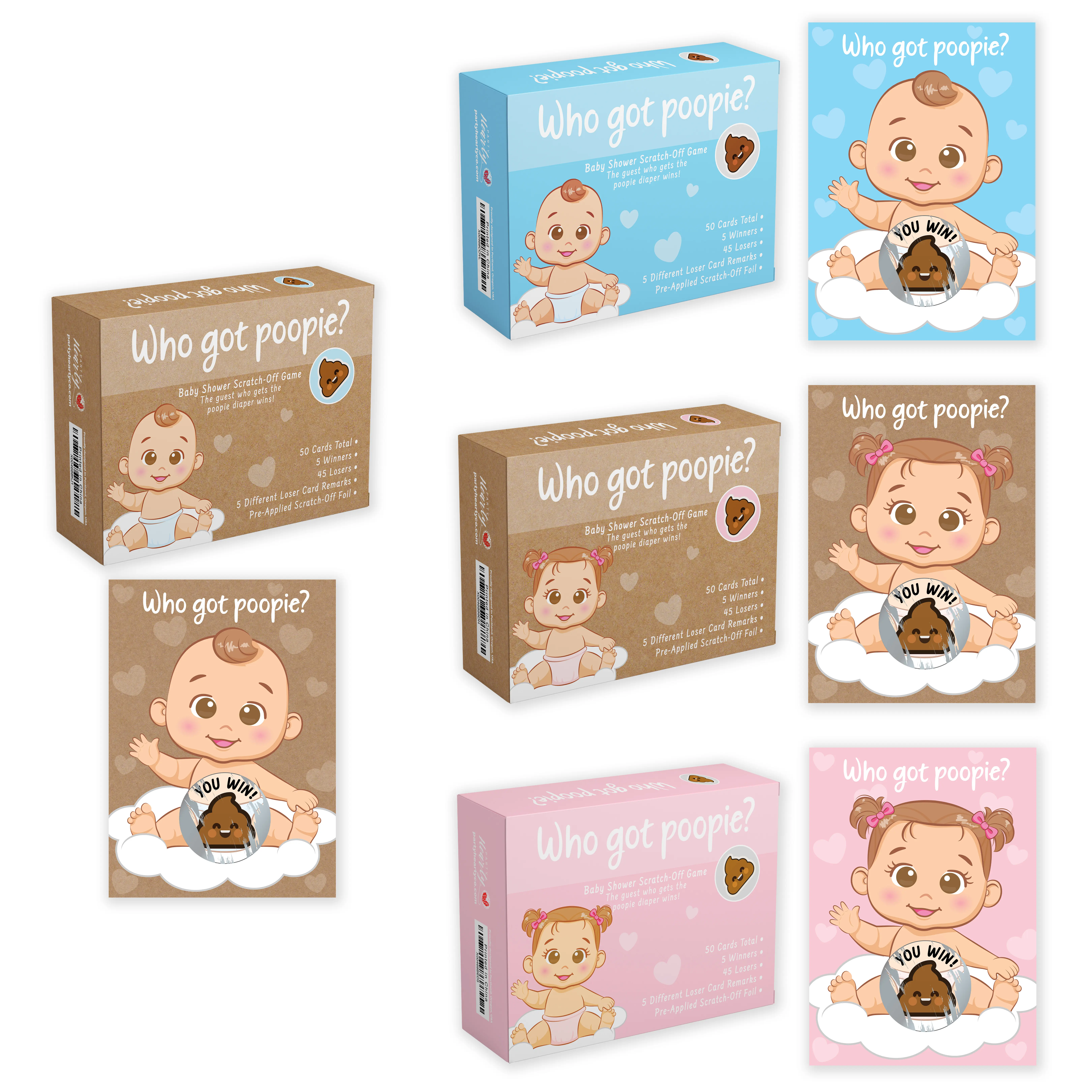 Party Hearty Compact Baby Shower Board Game - 50 Hilarious Poopie Scratch-Off Cards - Winning & Losing Designs, All Genders, Kraft, Blue Boy, Pink Girl Themes