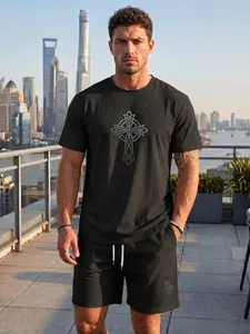Men's Black Celtic Cross Print 2-Piece T-Shirt & Shorts Streetwear Casual Set