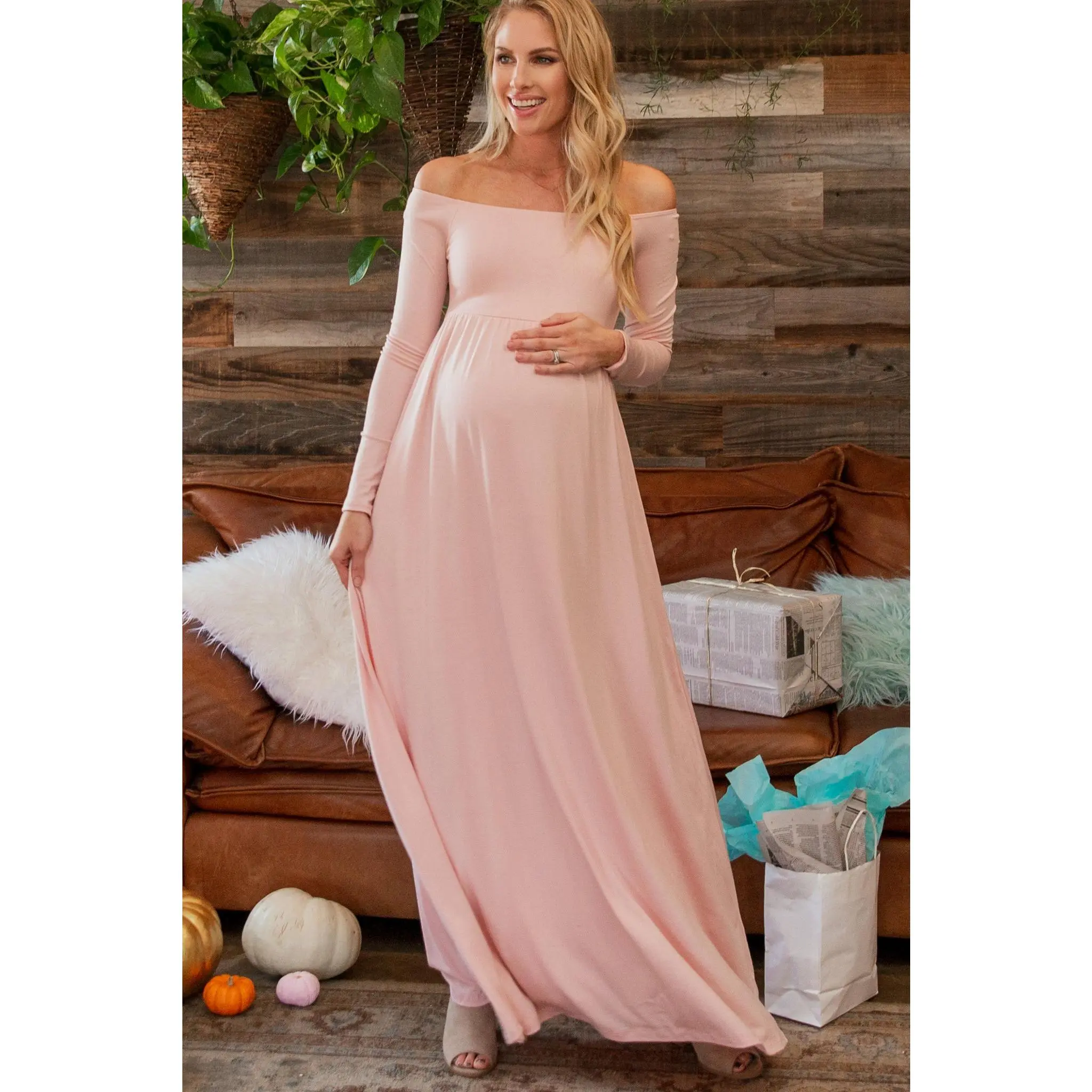 PinkBlush Petite Pink Solid Off Shoulder Maternity Maxi Dress