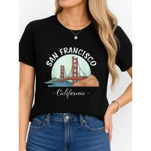 Women's Shortsleeve Cotton T-Shirt - Solid Round Neck Style, Black San Francisco California Travel Souvenir, USA-Made, Comfortable Breathable Minimalist Top, Personalized Unisex Fit, Casual Everyday Wear